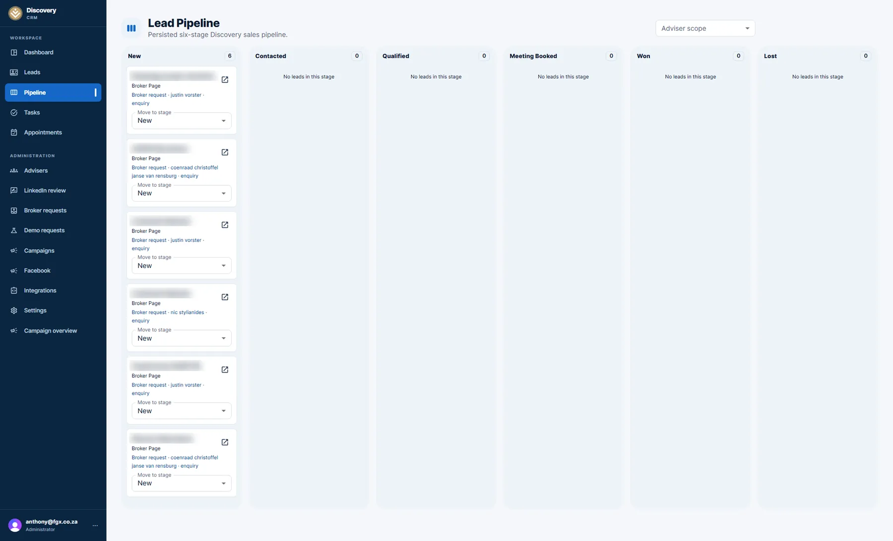Discovery CRM lead pipeline board with columns New, Contacted, Qualified, Meeting Booked, Won and Lost