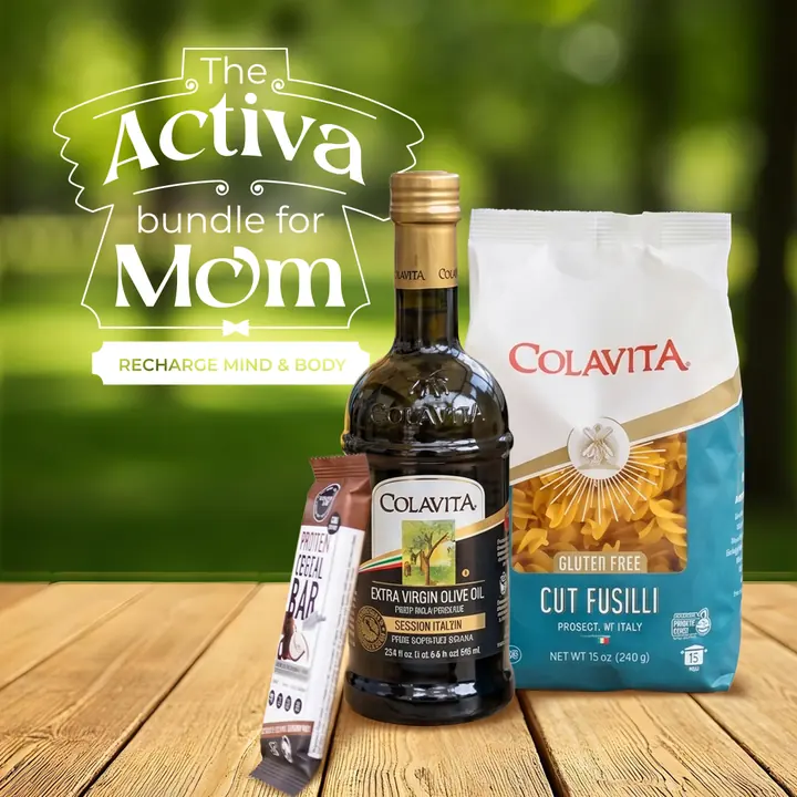 The Activa bundle for Mom: Colavita extra virgin olive oil, gluten free cut fusilli and a protein cereal bar