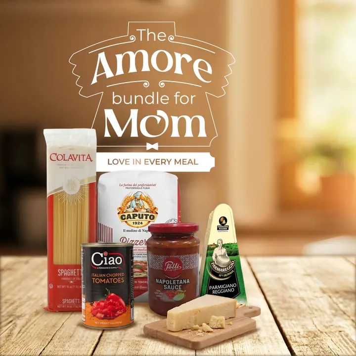 The Amore bundle for Mom: Colavita spaghetti, Caputo flour, Ciao chopped tomatoes, Polli Napoletana sauce and Parmigiano Reggiano
