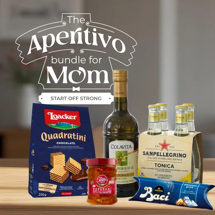The Aperitivo bundle for Mom: Loacker Quadratini, Colavita olive oil, Polli peperoni, San Pellegrino Tonica and Baci dark chocolate