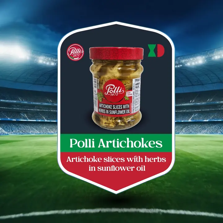 Product card for Polli artichoke slices with herbs in sunflower oil, on a stadium background