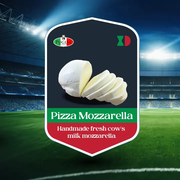 Product card for Puglia pizza mozzarella, handmade fresh cow's milk mozzarella, on a stadium background