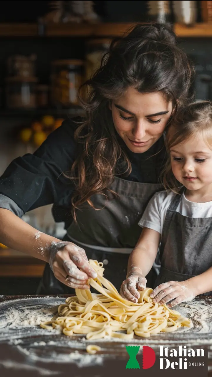 A mother and young daughter making fresh pasta together on a floured kitchen counter