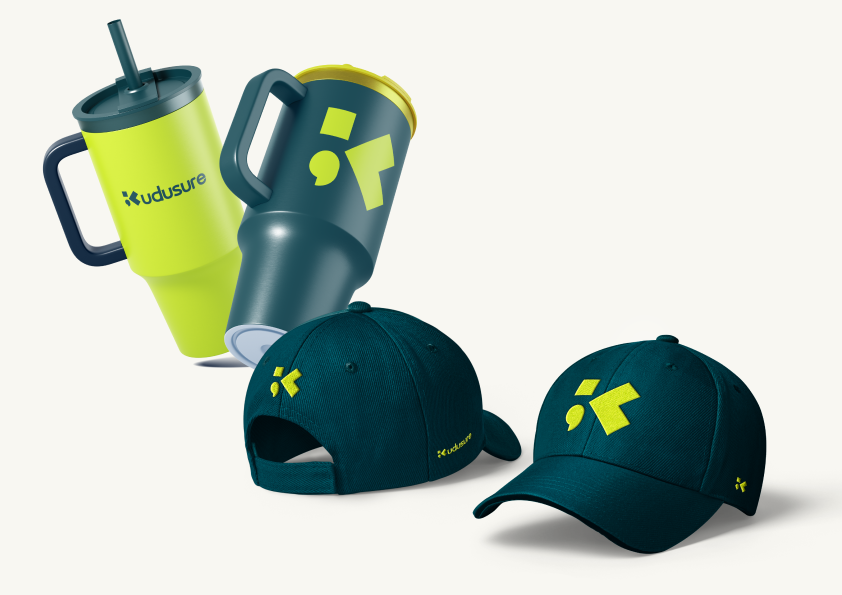 Kudusure logo applied to teal caps and lime and teal tumblers