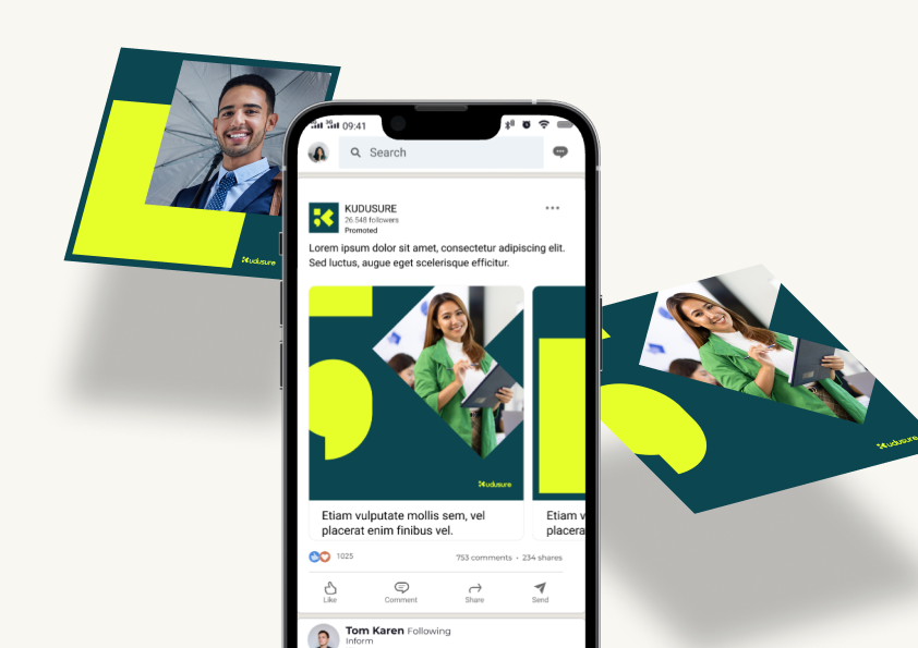 Kudusure social design concepts combining broker photography with lime and teal geometric shapes