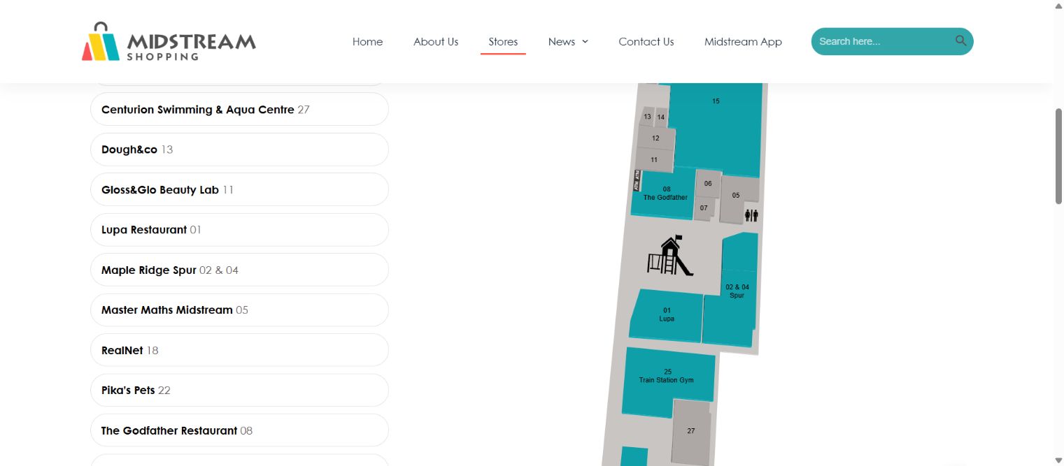 Dated live directory capture showing tenant names and unit numbers alongside a centre map