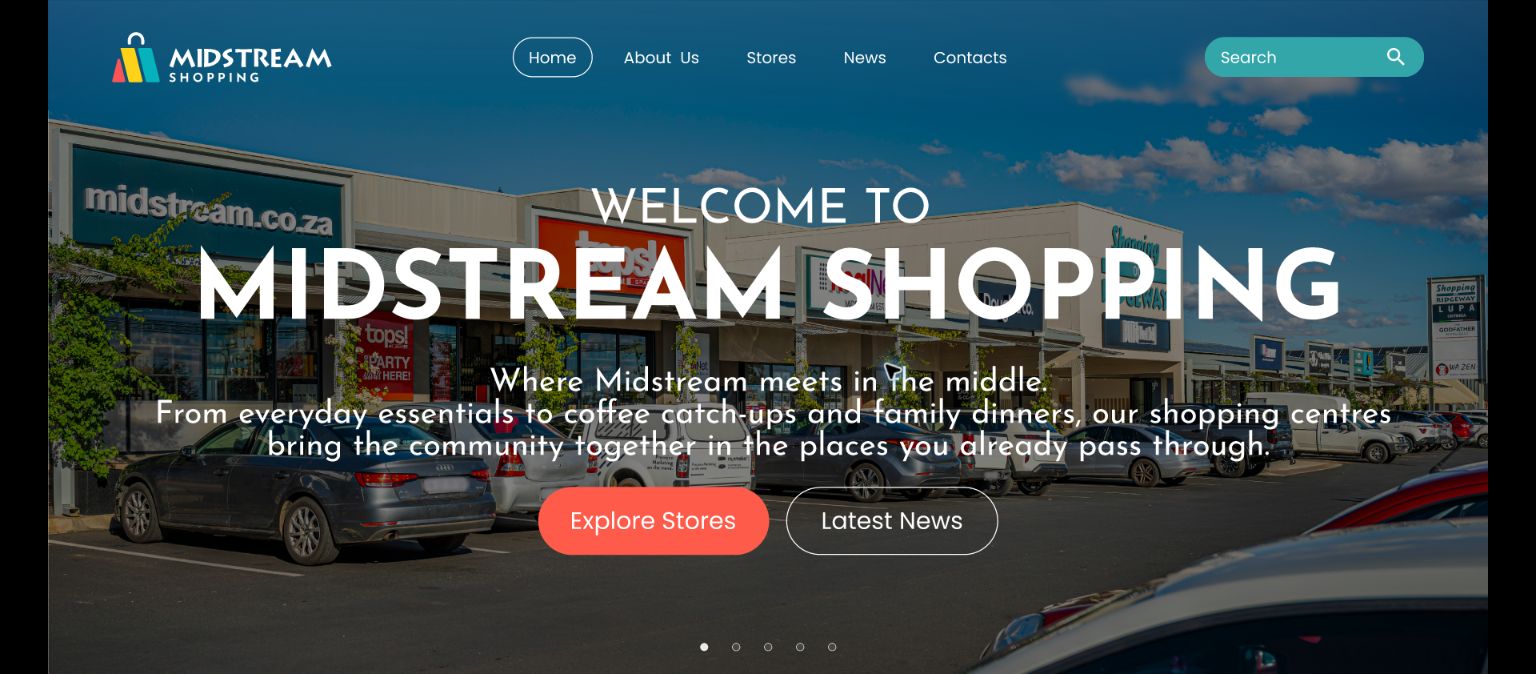 Midstream Shopping homepage prototype showing the destination photograph and store and news routes