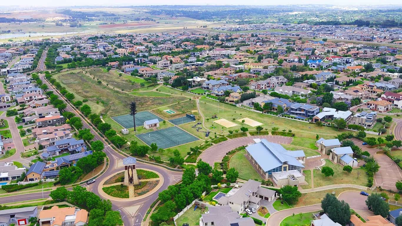 Aerial view of Midstream's residential neighbourhood and recreation facilities.