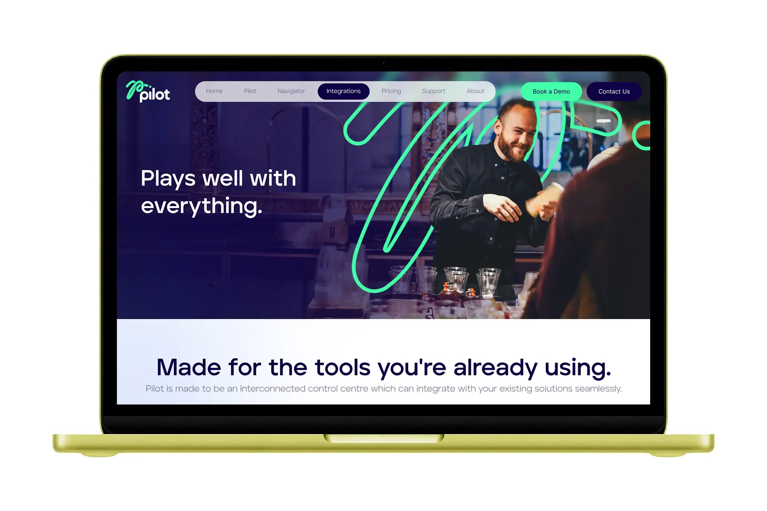 Pilot integrations marketing page shown on a laptop
